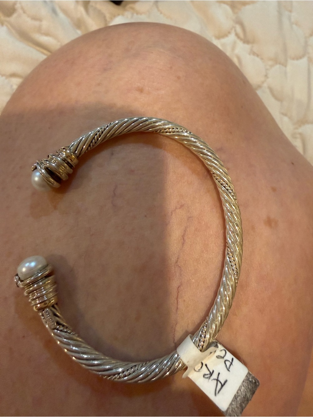 Silver- and 18k gold Tone Twisted Cable Cuff Bracelet with Pearl End Caps